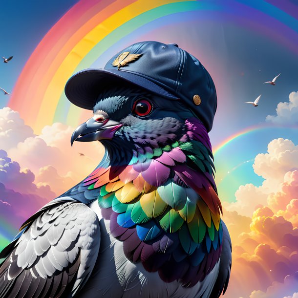 Illustration of a pigeon in a cap on the rainbow