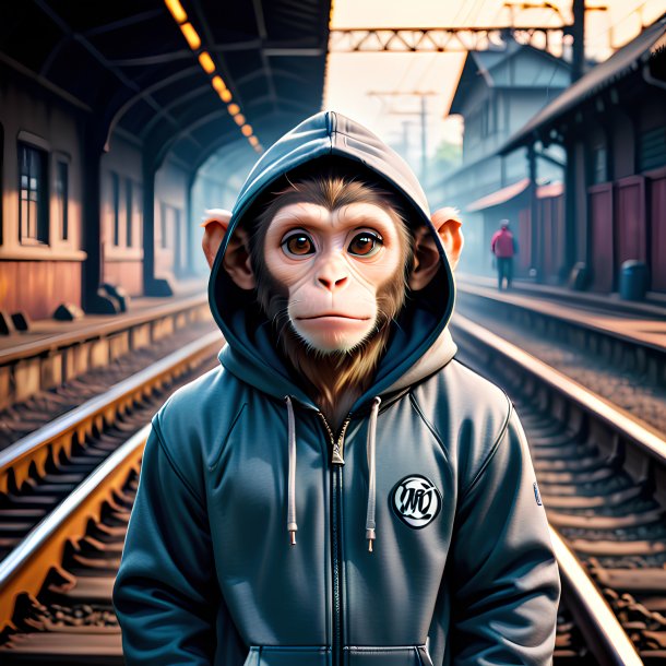 Foto de um macaco em um hoodie nos trilhos ferroviários