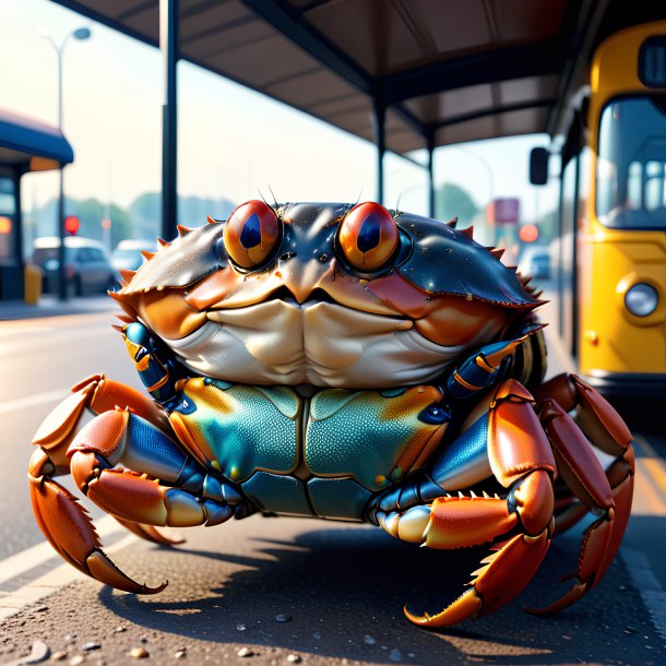 Pic d'un crabe dans un gilet sur l'arrêt de bus