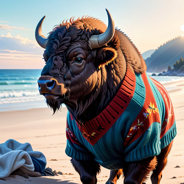 Dessin d'un bison dans un pull sur la plage