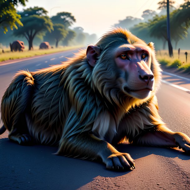 Image of a sleeping of a baboon on the road