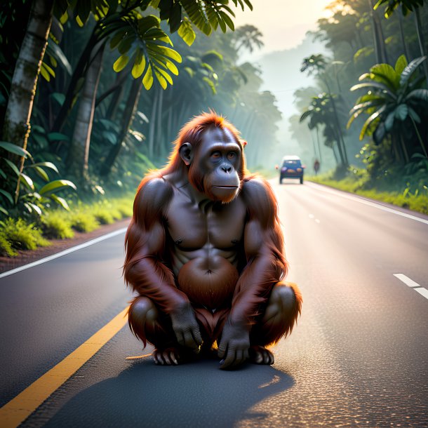 Photo of a waiting of a orangutan on the road