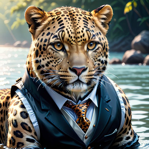 Illustration of a leopard in a vest in the water