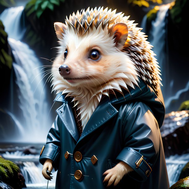 Picture of a hedgehog in a coat in the waterfall