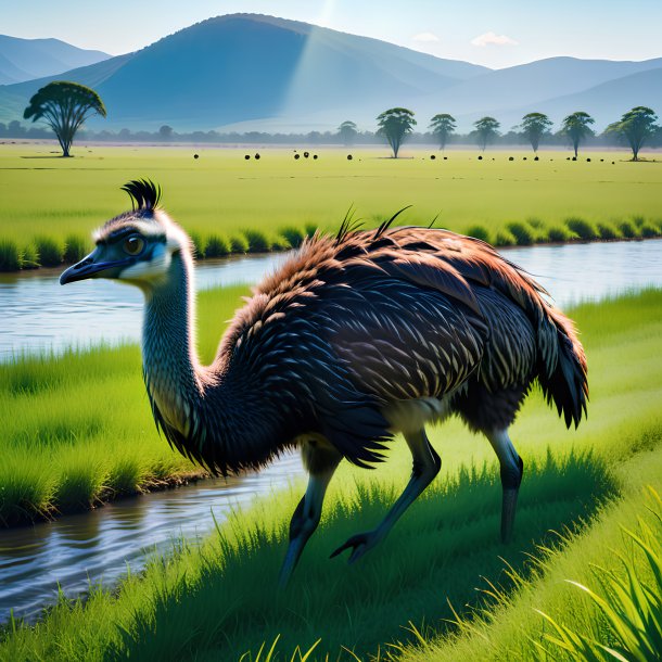 Photo of a swimming of a emu on the field