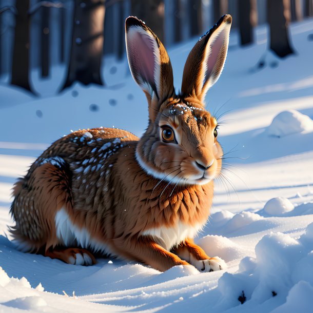 Imagem de um descanso de uma lebre na neve