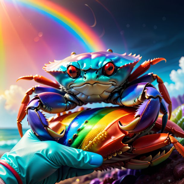 Pic d'un crabe dans un gants sur l'arc-en-ciel