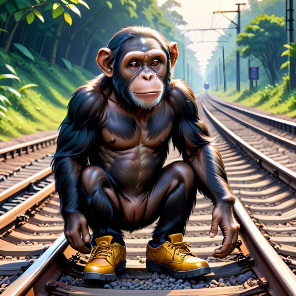 Desenho de um chimpanzé em um sapato nos trilhos ferroviários