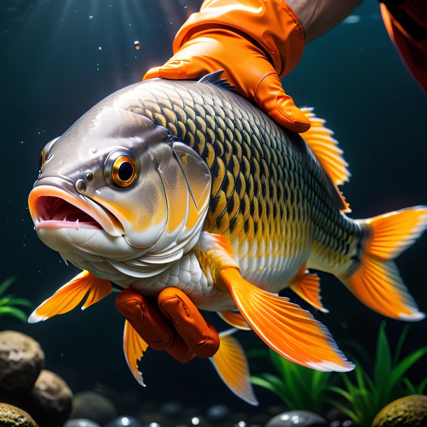 Picture of a carp in a orange gloves