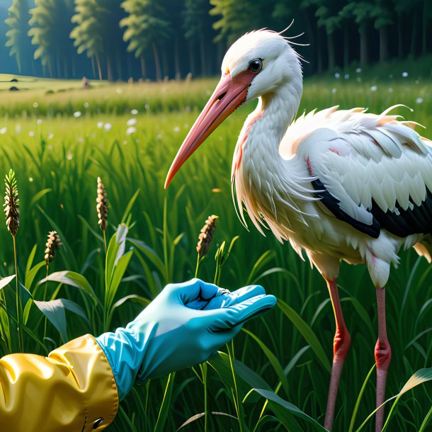 Image of a stork in a gloves in the meadow