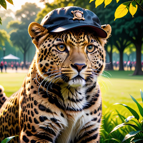 Photo of a leopard in a cap in the park