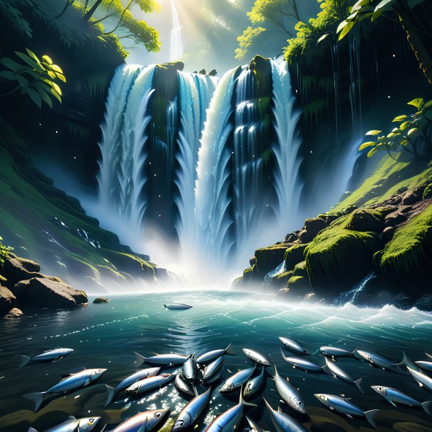 Picture of a playing of a sardines in the waterfall