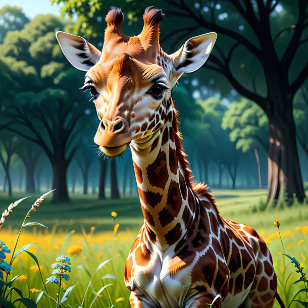 Drawing of a giraffe in a gloves in the meadow