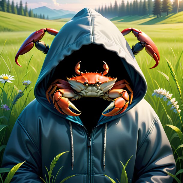 Illustration of a crab in a hoodie in the meadow