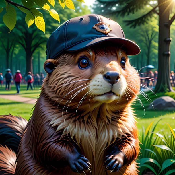 Drawing of a beaver in a cap in the park