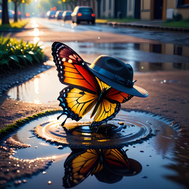 Imagen de una mariposa en un sombrero en el charco