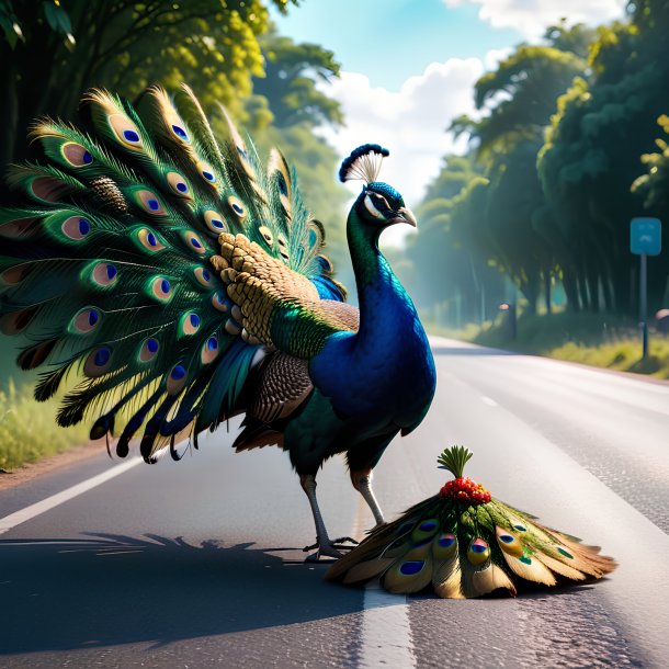 Photo of a eating of a peacock on the road