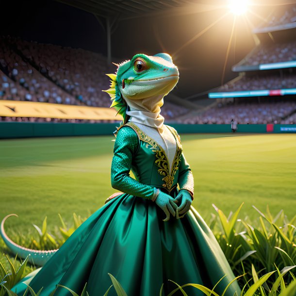 Imagem de um lagarto em um vestido no campo