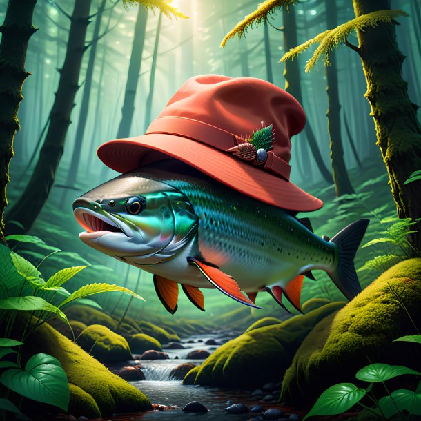 Ilustración de un salmón en un sombrero en el bosque