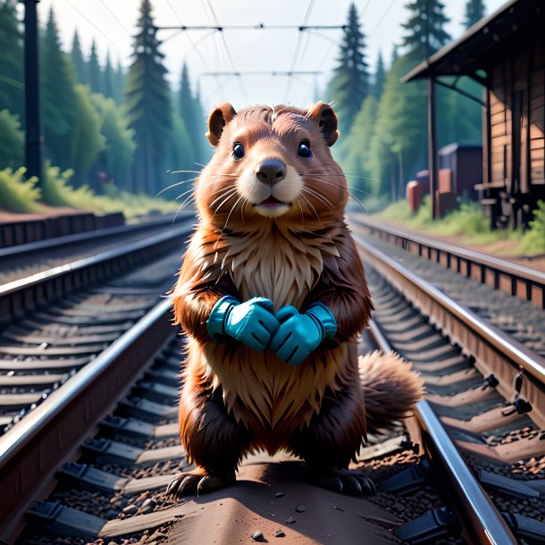 Image of a beaver in a gloves on the railway tracks