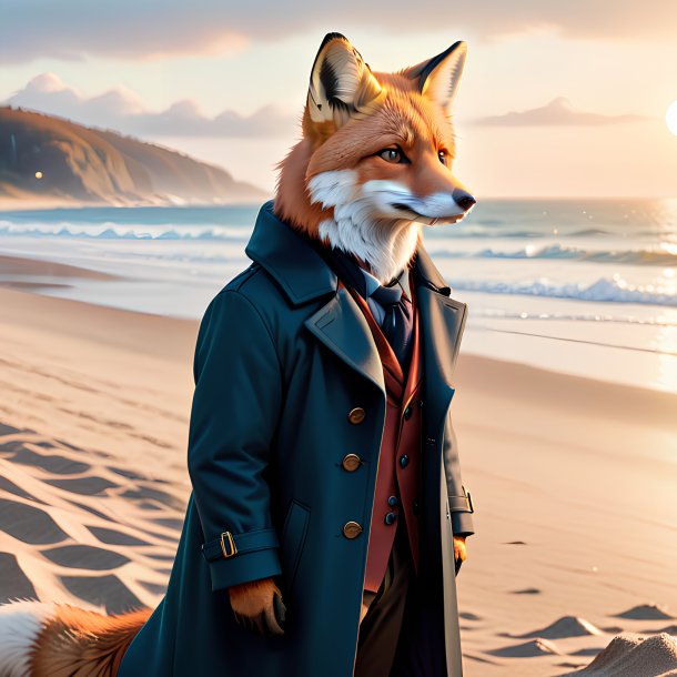 Illustration d'un renard en manteau sur la plage