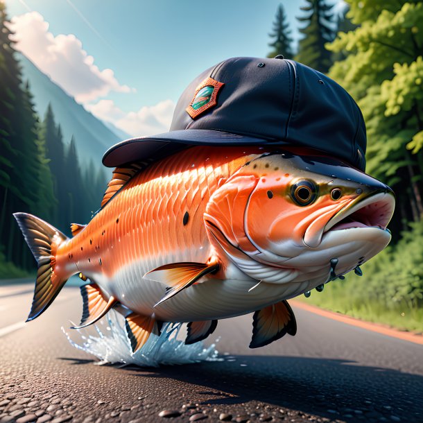 Picture of a salmon in a cap on the road