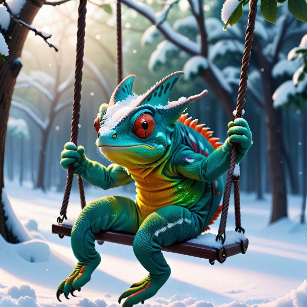 Photo of a swinging on a swing of a chameleon in the snow