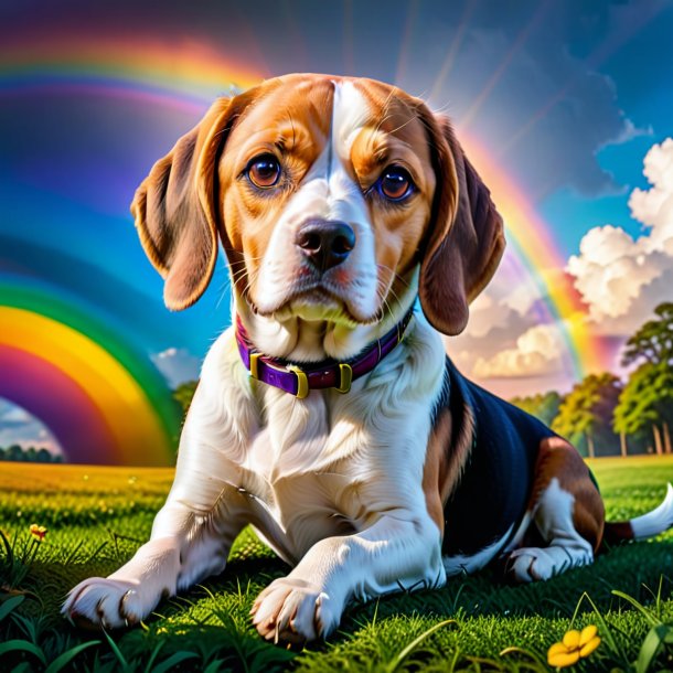 Photo of a resting of a beagle on the rainbow