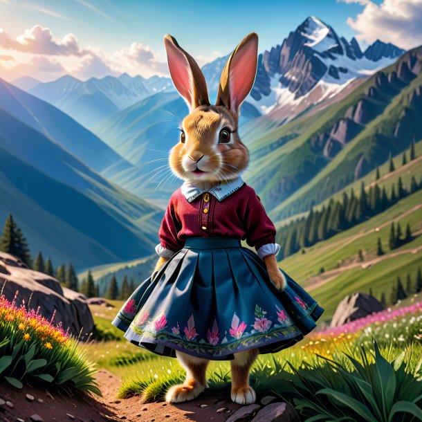 Photo of a rabbit in a skirt in the mountains