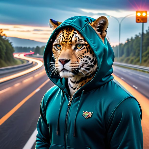 Photo d'un jaguar dans un sweat à capuche sur l'autoroute