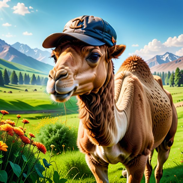 Photo of a camel in a cap in the meadow