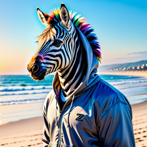 Pic of a zebra in a hoodie on the beach