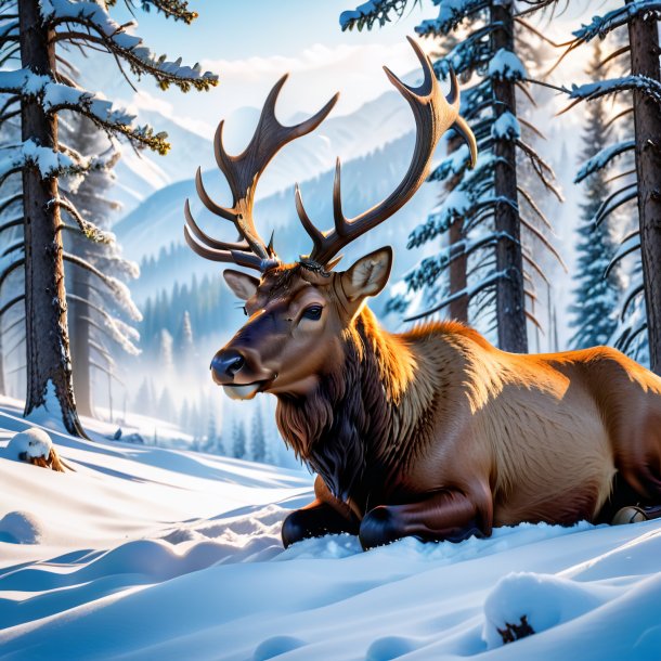 Photo of a resting of a elk in the snow