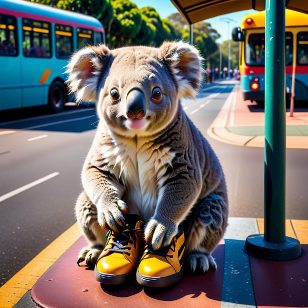 Imagem de um coala em um sapatos no ponto de ônibus