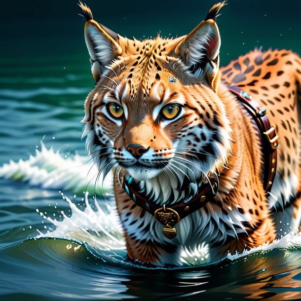 Illustration of a lynx in a belt in the water