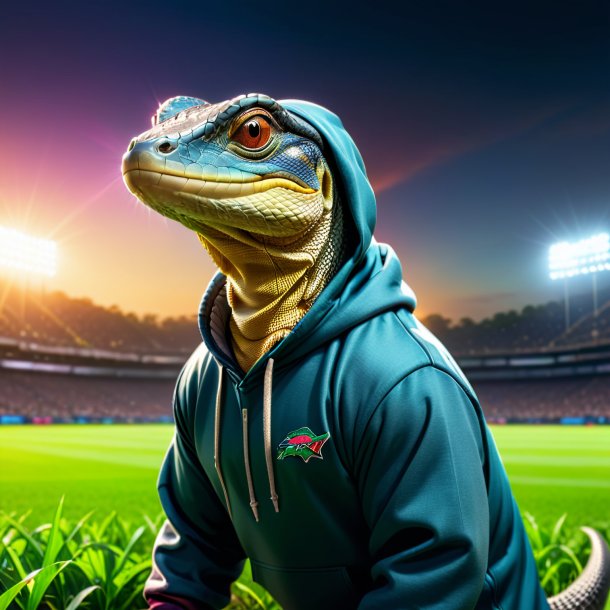 Imagem de um monitor lagarto em um hoodie no campo