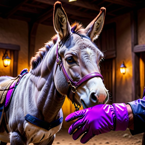 Photo of a donkey in a purple gloves