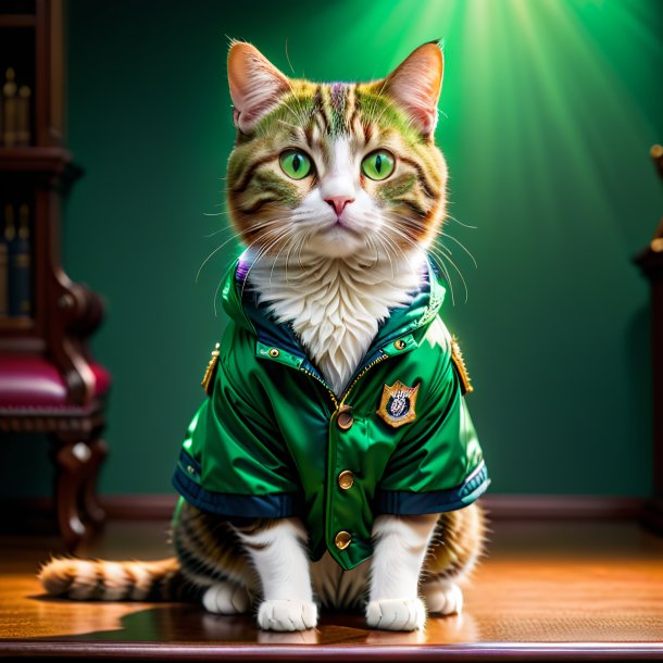 Photo of a cat in a green jacket