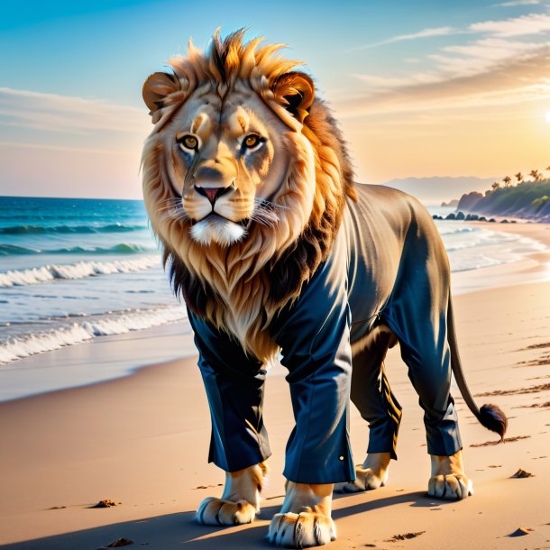 Photo of a lion in a trousers on the beach