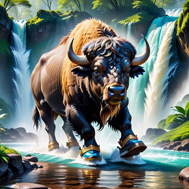 Image of a buffalo in a shoes in the waterfall