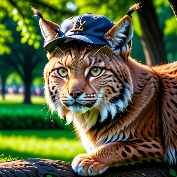 Photo of a lynx in a cap in the park