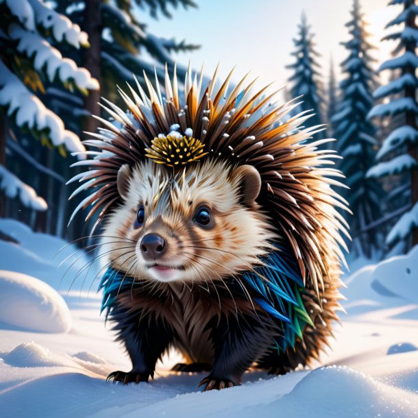 Illustration of a porcupine in a cap in the snow