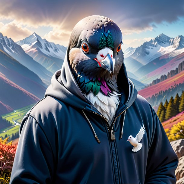 Image of a pigeon in a hoodie in the mountains