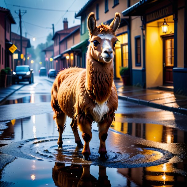 Foto de una llama en guantes en el charco