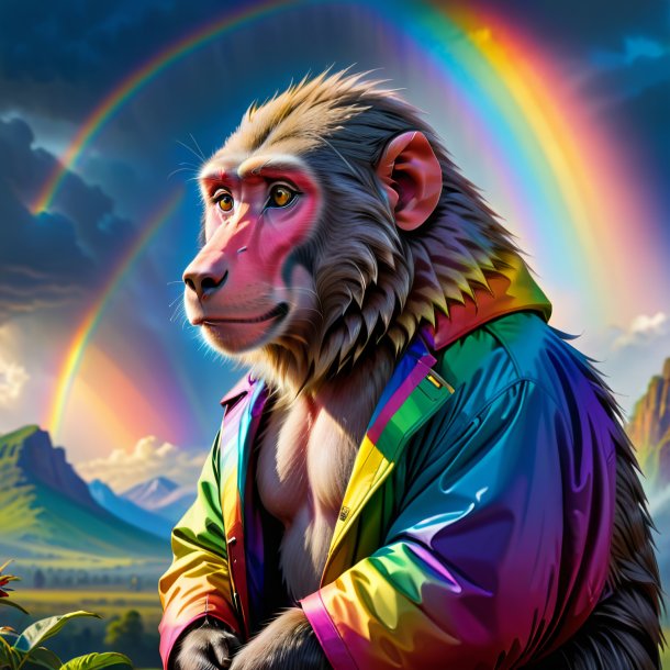 Drawing of a baboon in a coat on the rainbow