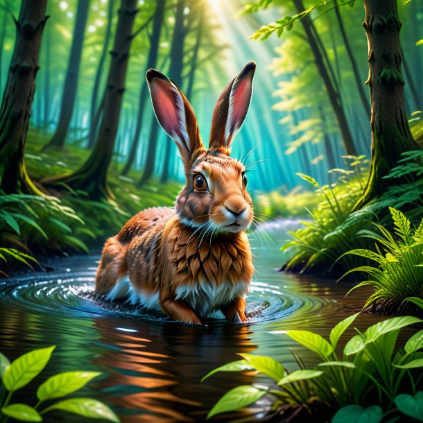 Picture of a swimming of a hare in the forest