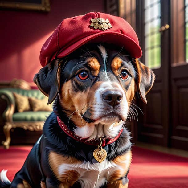 Pic of a dog in a red cap