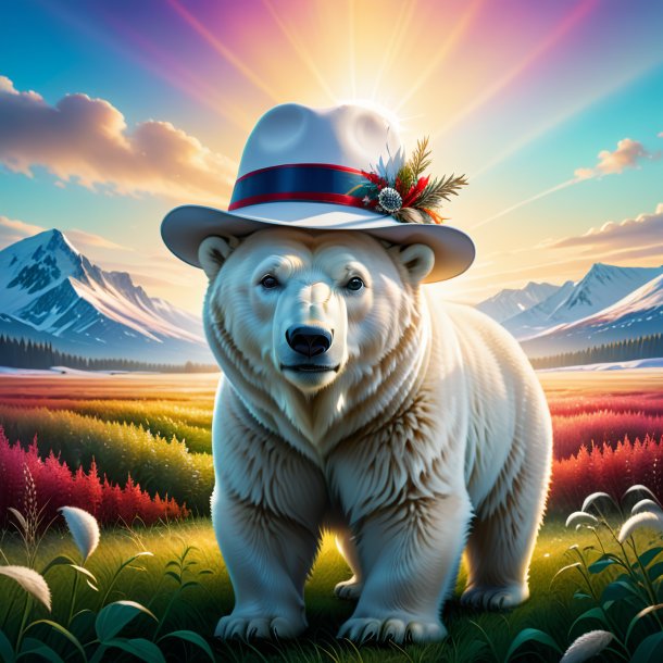 Illustration of a polar bear in a hat on the field