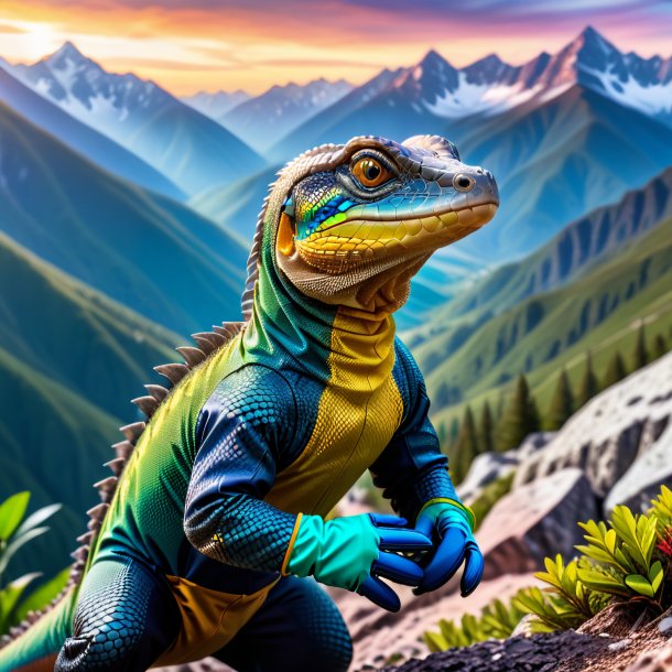 Photo of a monitor lizard in a gloves in the mountains