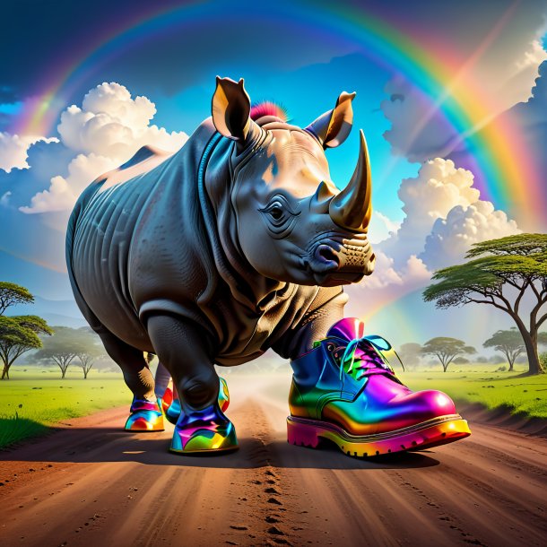 Image of a rhinoceros in a shoes on the rainbow